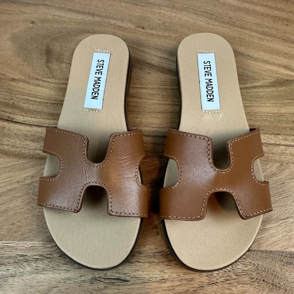 New‎ NWOB Big Kids Steve Madden Hoku Brown Leather Slides Sandals Size 2.5 Y